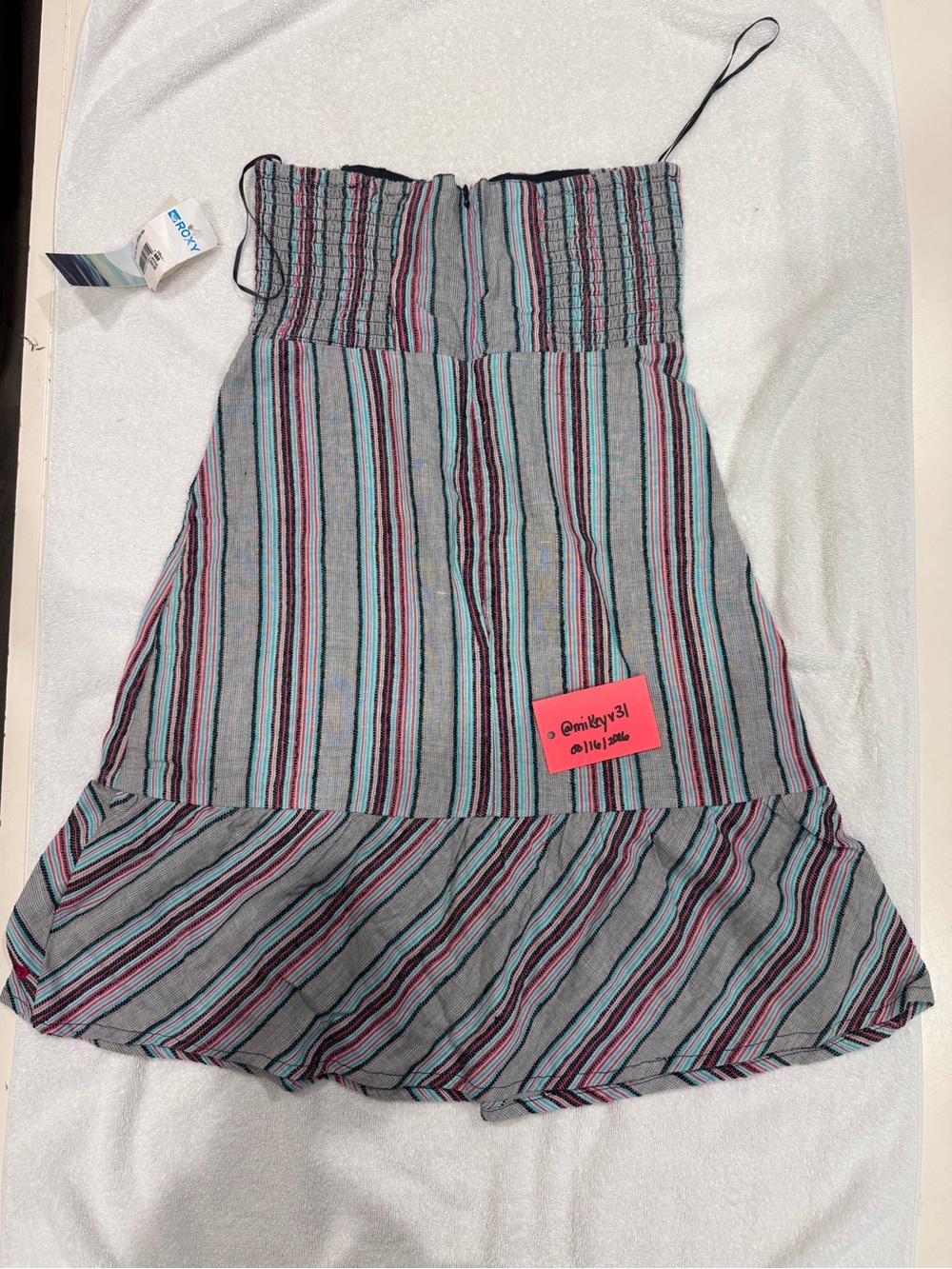 Roxy Gray Striped A-Line Dress with Pink & Teal Accents